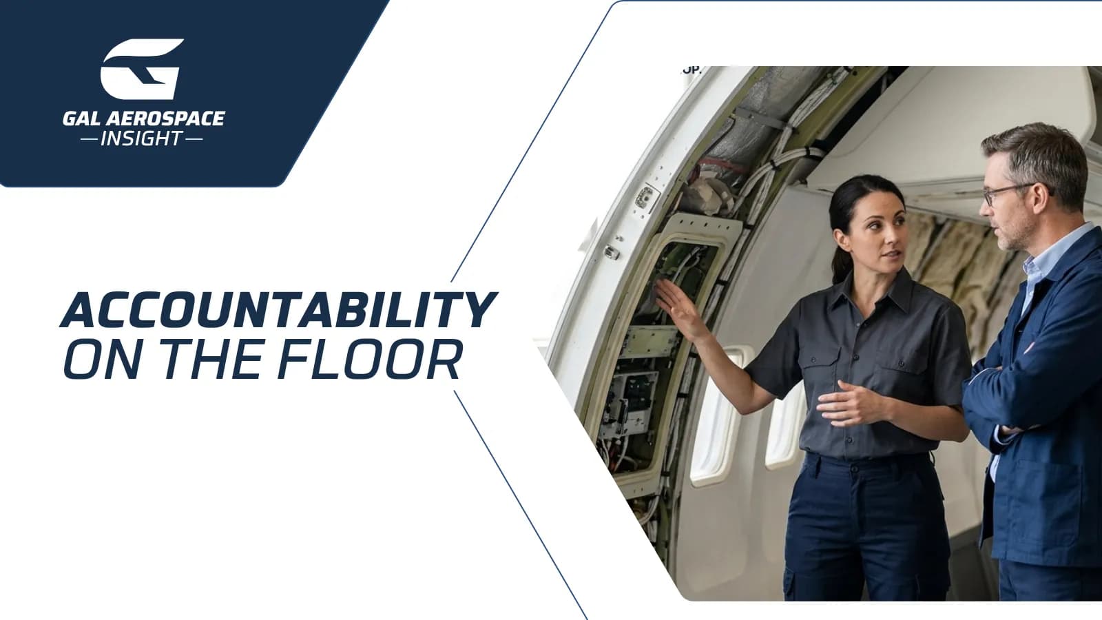 Engineers reviewing an aircraft cabin refurbishment on the production floor.