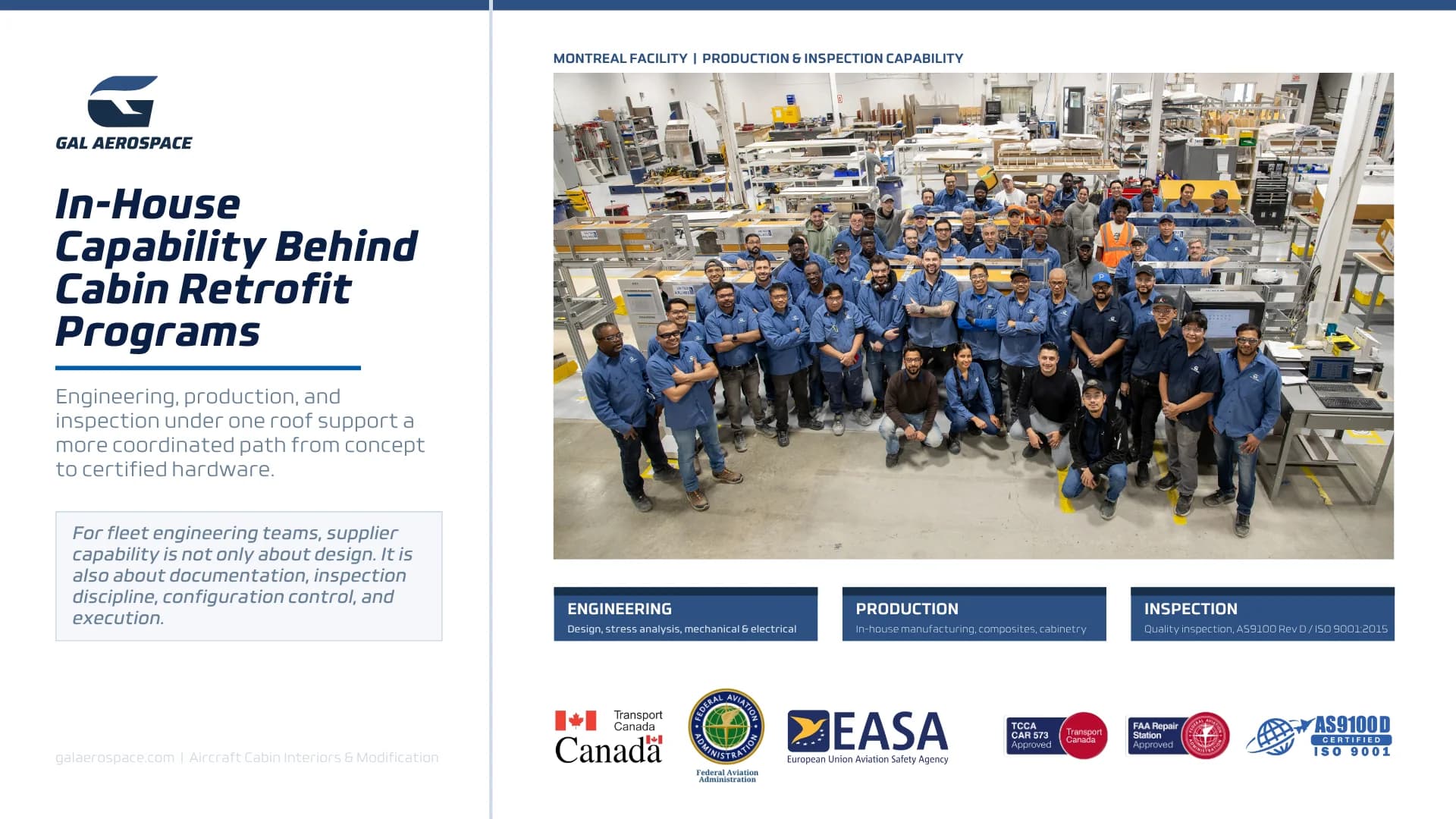GAL Aerospace Montreal production and inspection facility supporting aircraft cabin retrofit programs.