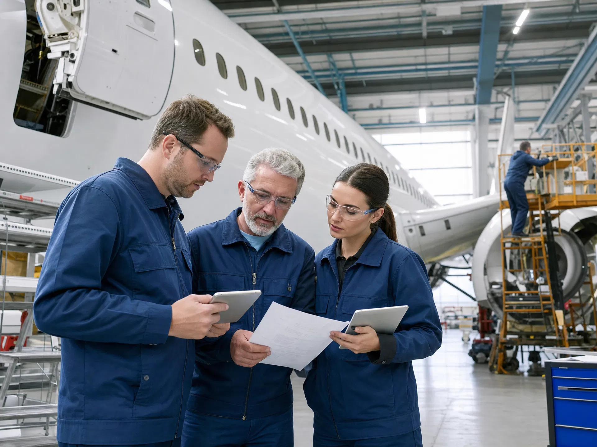 GAL AeroStaff aerospace engineers reviewing technical documentation in a commercial aircraft hangar