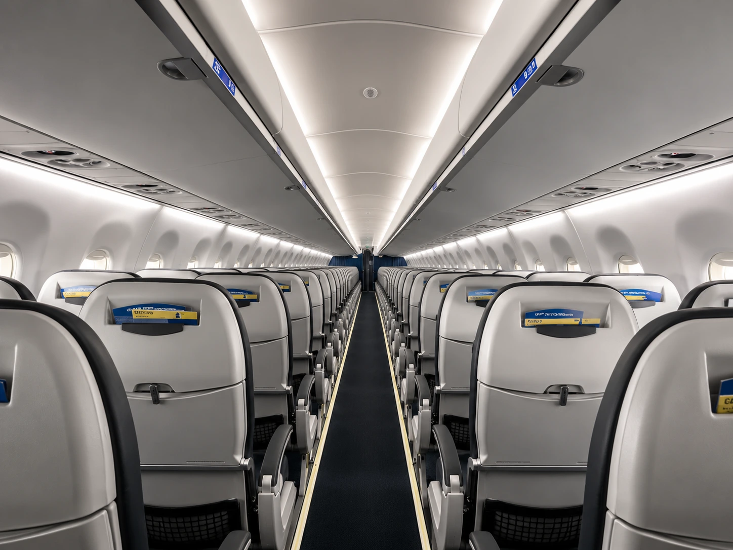 GAL Aerospace SkyWest aircraft cabin interior aisle view showing overhead bins and seating