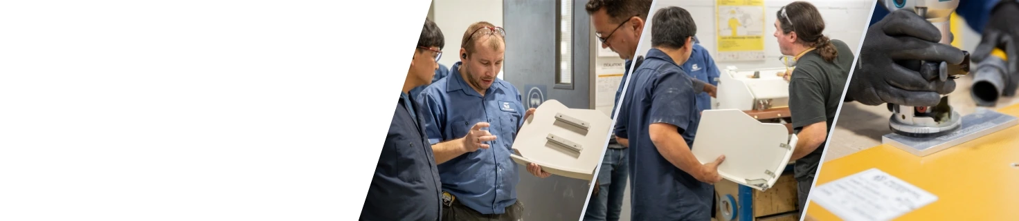 GAL Aerospace engineering team reviewing aircraft cabin component at Montreal manufacturing facility